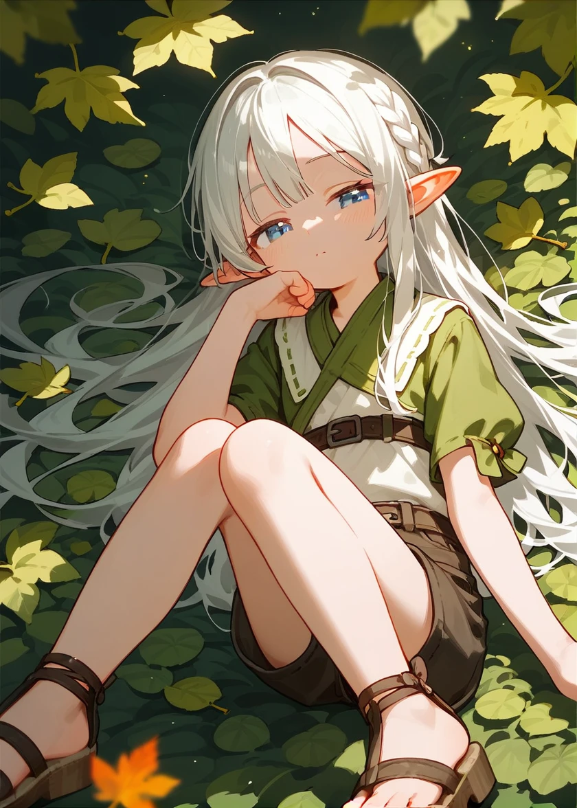 score 9, score 8 up, score 7 up, , young girl, Leaves, detailed background, 
White hair, blue eyes, half-closed eyes, emotionless, cute sandals, dark shorts, elf ears