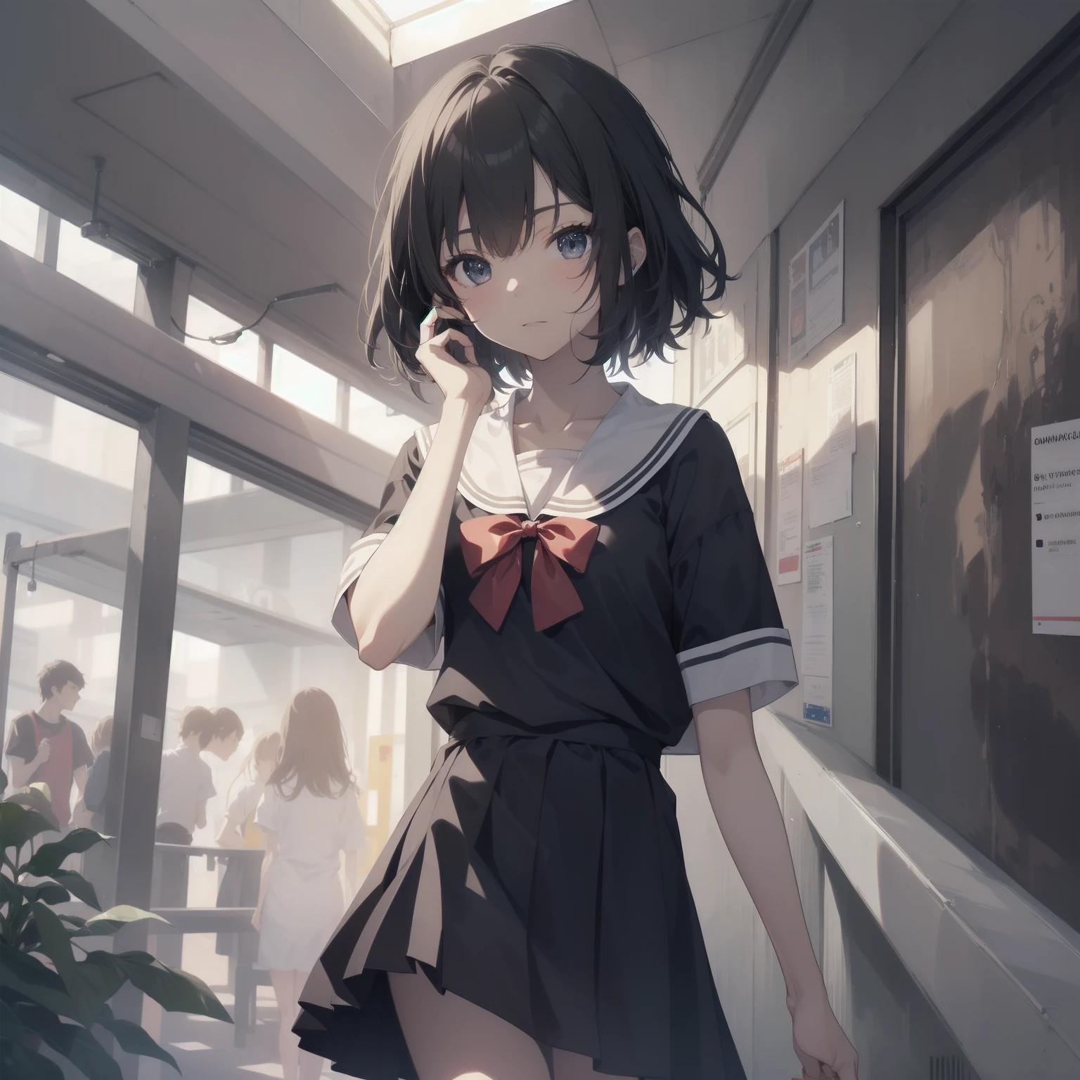 ultra-absurdres-Top quality by artist God, ultra-detailed, high resolution, anime moe artstyle, best anime 8k konachan wallpaper, pixiv contest winner, pool:2810, perfect anatomy,break, 1girl, (Please draw a girl walking sleepily to school alone. )break,(Solo,little female, 13-year-old:1.3),Full limbs, complete fingers,a junior high school student, (very short hair), short cut, flat chest, , small butt, small black eyes, beautiful detailed eyes, well-proportioned iris and pupils, expressive eyes, highres detailed hair, soft expression, salor school_uniform, sailor collar, serahuku, bow, pleated skirt,(Detailed Lighting), (Detailed background), in the School commute route. break,super detailed skin, Best cinematic lighting powered by famous artist, 8k,beauty illustration,photoshop_(medium),very aesthetic,break,((artist:gomashio_(goma_feet) )), artist:clamp ,artist:carnelian ,artist:kantoku ,