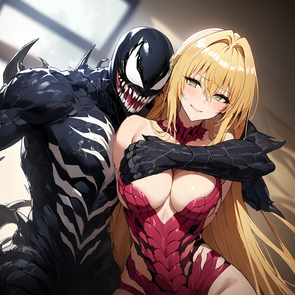 ((Highest quality)), ((masterpiece)), (detailed), （Perfect Face）、The woman is a female Venom named Tearju, a green-eyed, blonde, medium-long-haired female Venom, whose body has been completely transformed into Venom and who is wearing a Venom suit and a Venom mask.、The woman is happily cuddling with the Venom man.、Venom man holding a woman