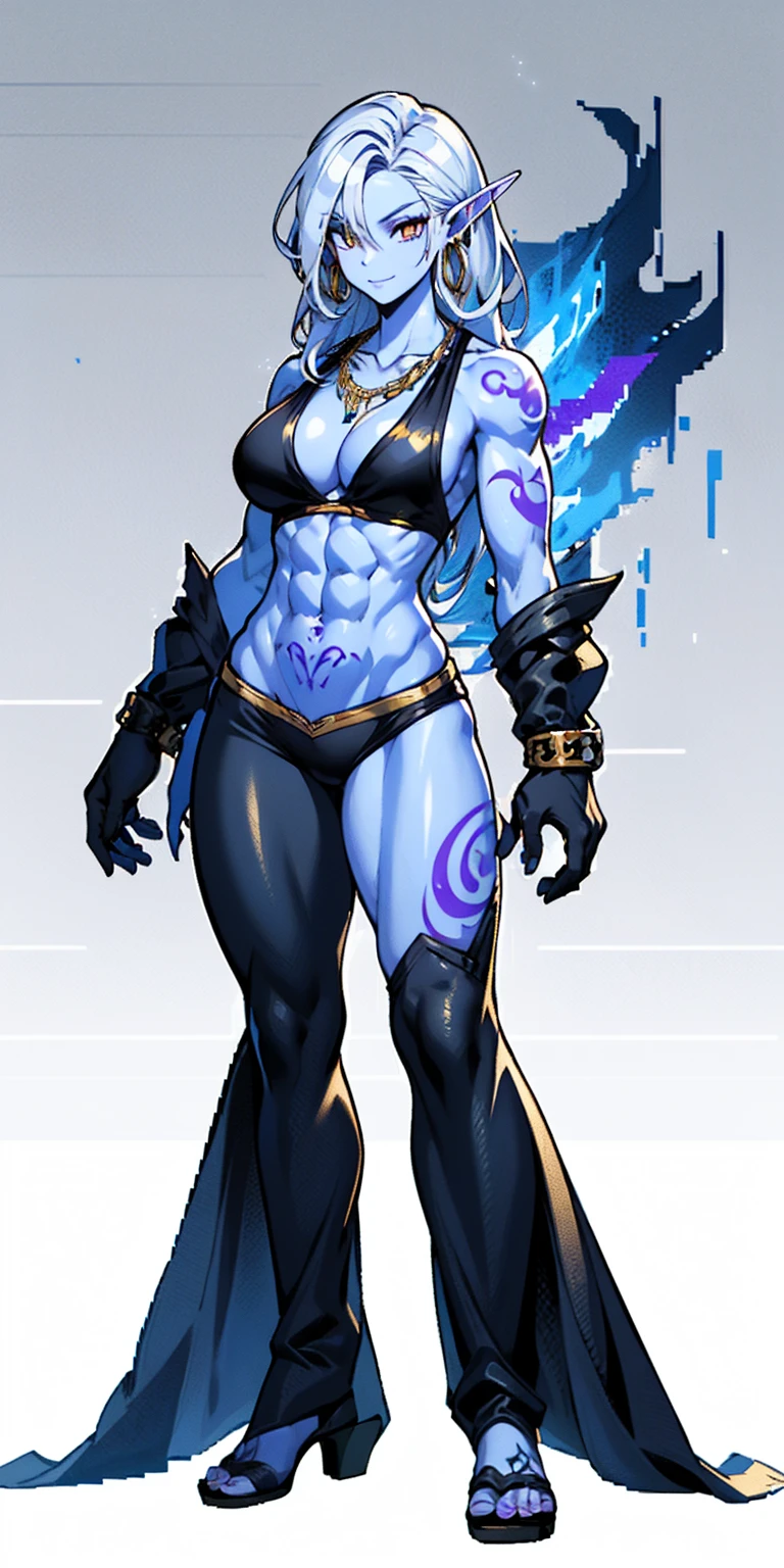 Character:
Gender: Female
Age: Mature
Race: Drow elf
Skin tone: Gray
Hair color: White
Eye color: Purple
Facial expression: Happy
Body type: Muscular with abs
Attire:
Clothing: Black bikini
Accessories: Large earrings, gold chain necklace, red stomach tattoo
Pose:
Position: Standing
Perspective: Full body
Additional details:
Pixel art style