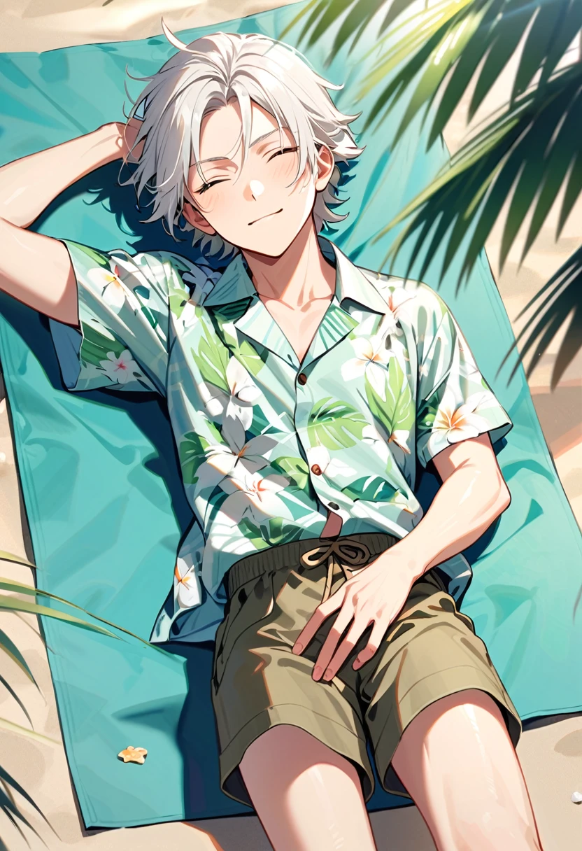 A man, 19-years-old, solo, Caucasian, masculine face, short tousled white hair, eyes closed, relaxed facial expression, light pale green Hawaiian shirt, short sleeves, khaki shorts, beach, lying on a towel