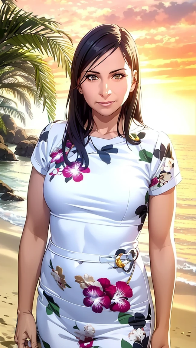 1girl with long black hair, detailed realistic face, beautiful detailed eyes, beautiful detailed lips, extremely detailed face, long eyelashes, woman standing on the beach, ocean waves, golden sunset sky, soft sand, tropical plants, photorealistic, 8k, high resolution, intricate details, cinematic lighting, vibrant colors, dramatic lighting, volumetric lighting, realistic skin textures, realistic clothing textures, hyper detailed, masterpiece