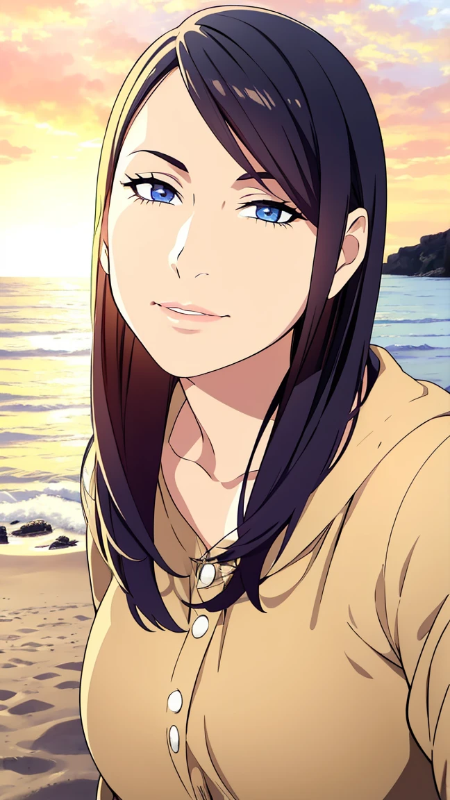 1girl with long black hair, detailed realistic face, beautiful detailed eyes, beautiful detailed lips, extremely detailed face, long eyelashes, woman standing on the beach, ocean waves, golden sunset sky, soft sand, tropical plants, photorealistic, 8k, high resolution, intricate details, cinematic lighting, vibrant colors, dramatic lighting, volumetric lighting, realistic skin textures, realistic clothing textures, hyper detailed, masterpiece