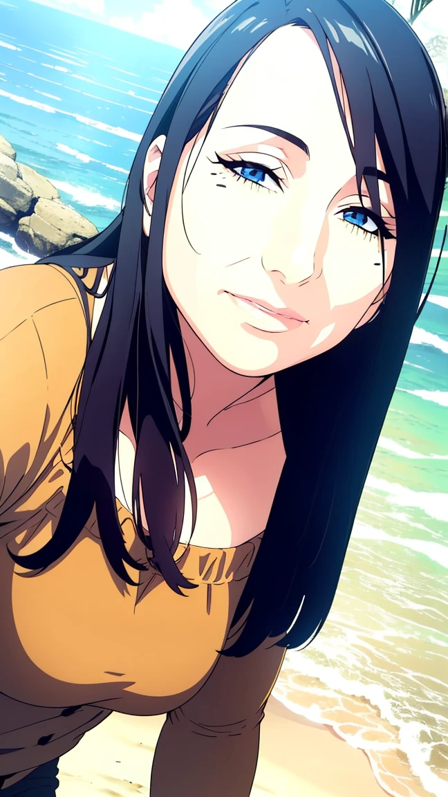 1girl with long black hair, detailed realistic face, beautiful detailed eyes, beautiful detailed lips, extremely detailed face, long eyelashes, woman standing on the beach, ocean waves, golden sunset sky, soft sand, tropical plants, photorealistic, 8k, high resolution, intricate details, cinematic lighting, vibrant colors, dramatic lighting, volumetric lighting, realistic skin textures, realistic clothing textures, hyper detailed, masterpiece