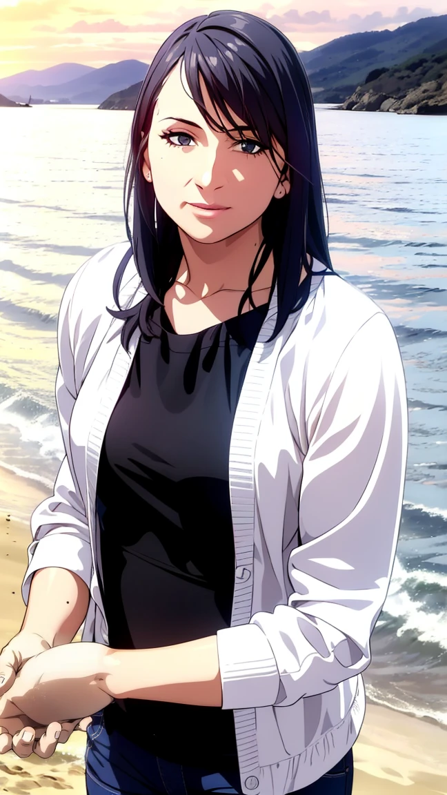 1girl with long black hair, detailed realistic face, beautiful detailed eyes, beautiful detailed lips, extremely detailed face, long eyelashes, woman standing on the beach, ocean waves, golden sunset sky, soft sand, tropical plants, photorealistic, 8k, high resolution, intricate details, cinematic lighting, vibrant colors, dramatic lighting, volumetric lighting, realistic skin textures, realistic clothing textures, hyper detailed, masterpiece