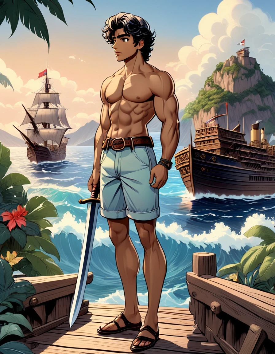 anime+hentai+yaoi style pastel color palette, symmetrical composition, ultra-detailed artistic style, oil painting, full body, perfect composition, perfect anatomy, wearing small shorts, dramatic, natural lighting, a beautiful young man, handsome, tall, perfect feet, Latino, muscles Detailed realistic, body symmetry, he is standing on the bow of a 17th century ship looking at the horizon holding a sword, in the background in the sea several tropical islands and a multicolored backpack on the ground
