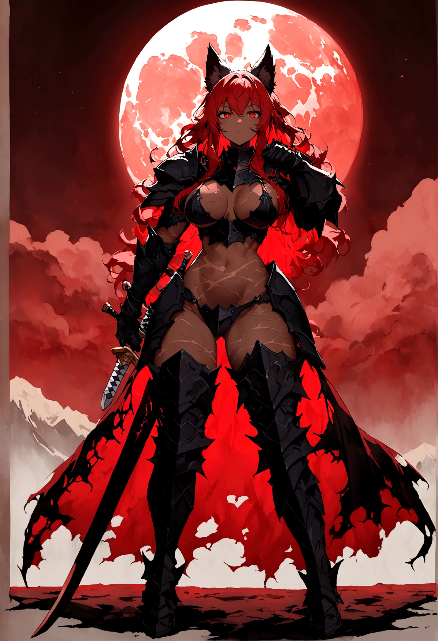 長い髪を持つbeautifulアニメ風の女性,(((Red Hair)))Long Wavy Hair,Transparent Hair,(((Highest quality)))Evil Eye,Frowning face,Extreme beauty,(((Red eyes))),Arrogant beauty,(((A well-defined, glamorous body)))((Huge bust))Tight waist,(((Bikini Armor)))黒色と赤色の際どいBikini Armorを着たExtreme beauty,(Beast Bone Armor),Wolf Ears,Wolf's Tail,((Extreme Armor)),((Armor exposing the chest, navel, and thighs)),Tan Skin,beautiful,(((swordsman pose))),((Holding a sword in his right hand)),(((detailed)))Full Body Shot,There are scars on the body,Countless scars,(((background)))fog,Red Moon,Countless mountains,Barren Land。