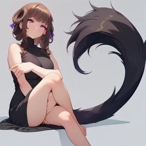 (nsfw) 1 adult anime girl, solo, looking at viewer, black tail, strong purple eyes, sitting, big breasts, black dress, 2 very slim dress bands covering breasts, hair hears, long dark brown hair.