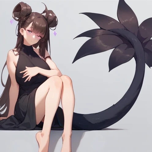 (nsfw) 1 adult anime girl, solo, looking at viewer, black tail, strong purple eyes, sitting, big breasts, black dress, 2 very slim dress bands covering breasts, hair hears, long dark brown hair.