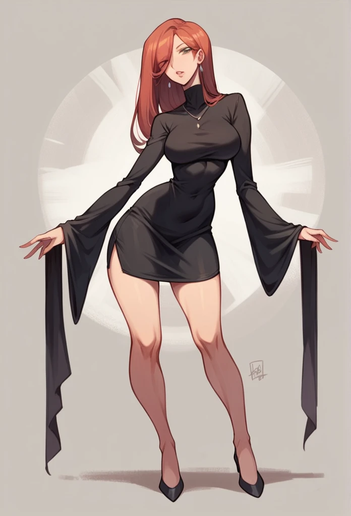 Parasoul, mature woman, long legs,sexy ,exaggeratedly short dress ,long sleeves, ultra black dress ,semi-exposed thighs ,(hips:1,62)