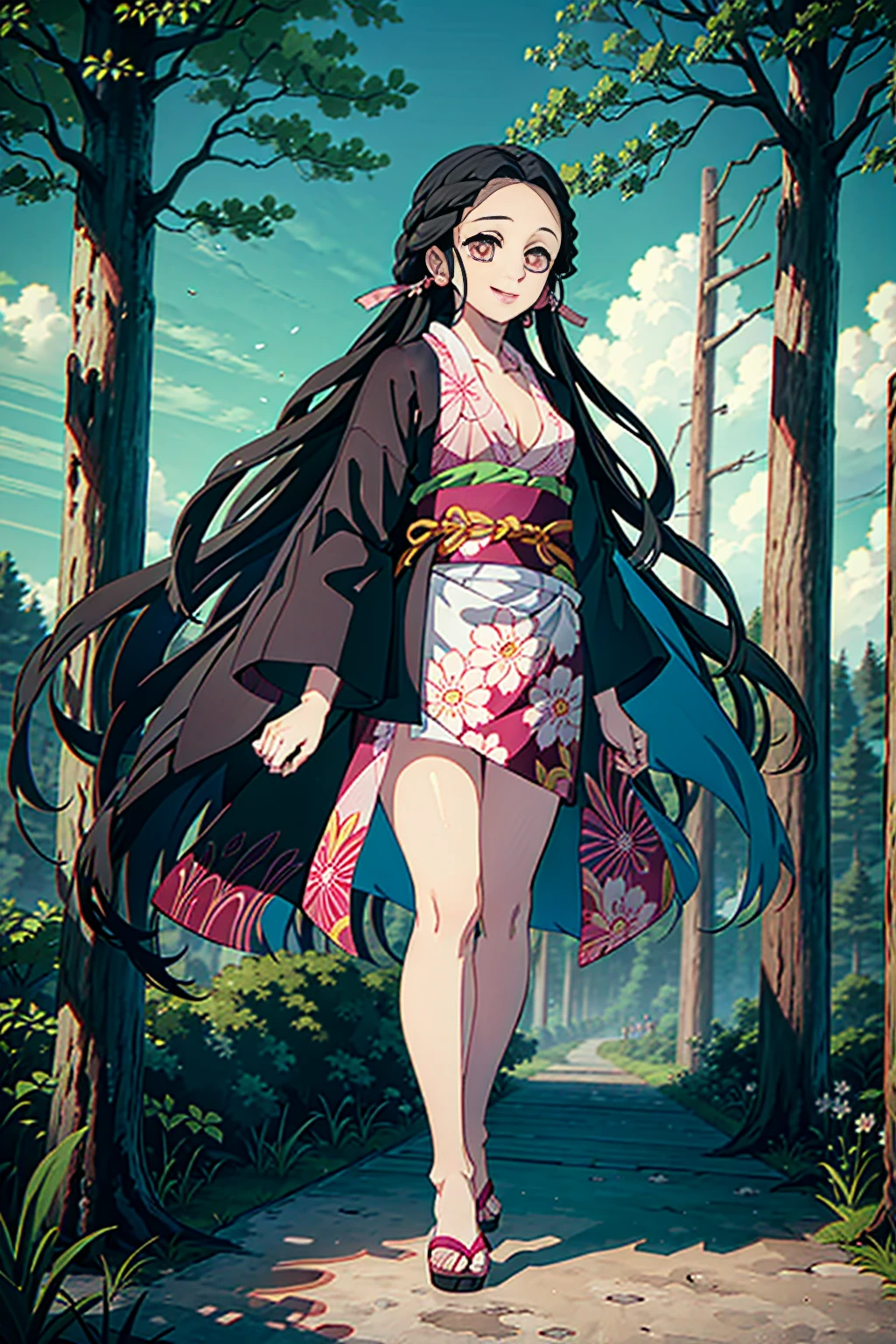estilo kimetsu no yaiba, 1 girl, beautiful girl, alone, beautiful eyes pink colors, smiling, Shiny black hair, extra long hair, ((Masterpiece)), in the forest by day, ((Masterpiece)), (((high quality))), japanese clothes, pink sleeveless floral kimono, bare chest, separate sleeves. full body, beautiful body, giant breasts, small waist, Wide hips. (full quality) (Best Quality) (high quality).