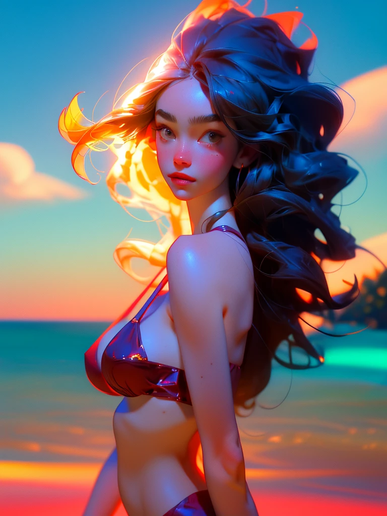 a beautiful woman with long dark hair, wearing a red bikini, posing in a tropical beach setting, sunlight reflecting off her skin, (best quality,4k,8k,UHD,HD,soft textures ,highres,masterpiece:1.2),ultra-detailed,(realistic,photorealistic,photo-realistic:1.37),detailed facial features, alluring expression, elegant pose, sandy beach, palm trees, blue ocean, golden hour lighting, warm tones