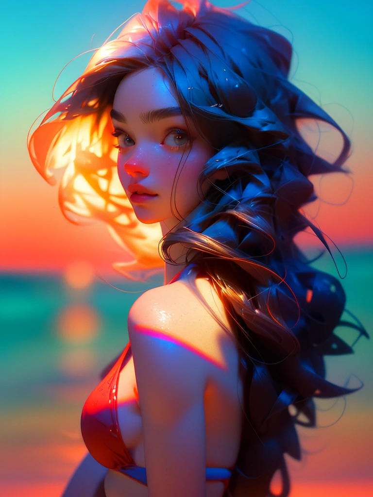 a beautiful woman with long dark hair, wearing a red bikini, posing in a tropical beach setting, sunlight reflecting off her skin, (best quality,4k,8k,UHD,HD,soft textures ,highres,masterpiece:1.2),ultra-detailed,(realistic,photorealistic,photo-realistic:1.37),detailed facial features, alluring expression, elegant pose, sandy beach, palm trees, blue ocean, golden hour lighting, warm tones