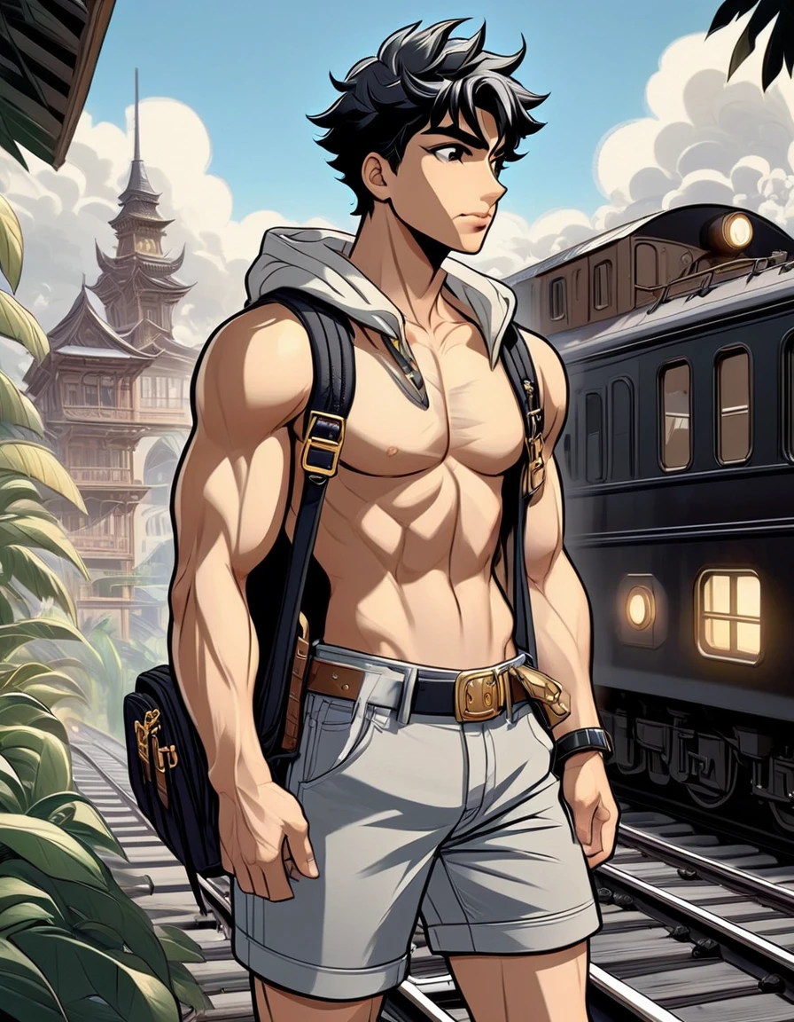 anime+yaoi+hentai style, pastel color palette, symmetrical composition, ultra-detailed artistic style, oil painting, full body, perfect composition, perfect anatomy, wearing small shorts, dramatic, natural lighting, a beautiful young man, handsome, tall, perfect feet, Latino, muscles Realistically detailed, body symmetry, he is furious sitting on the roof of a black and gold train locomotive and holding a sword, carrying a multicolored backpack, in a mix of downtown and jungle scenery