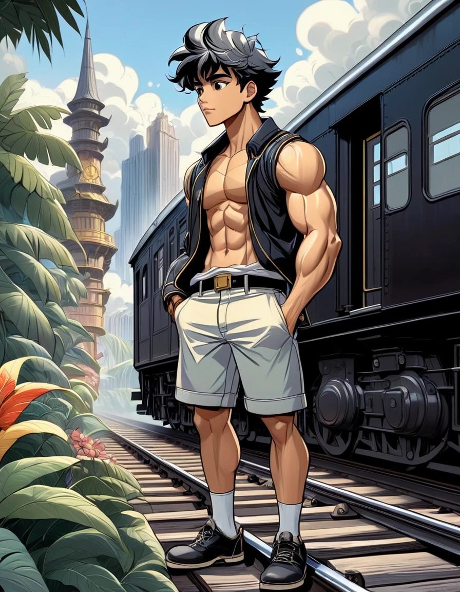 anime+yaoi+hentai style, pastel color palette, symmetrical composition, ultra-detailed artistic style, oil painting, full body, perfect composition, perfect anatomy, wearing small shorts, dramatic, natural lighting, a beautiful young man, handsome, tall, perfect feet, Latino, muscles Realistically detailed, body symmetry, he is furious sitting on the roof of a black and gold train locomotive and holding a sword, carrying a multicolored backpack, in a mix of downtown and jungle scenery