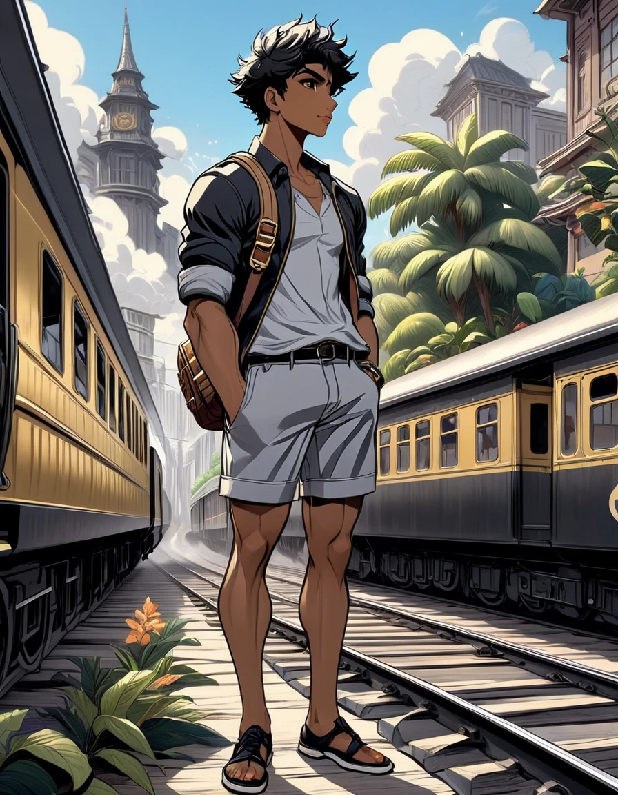 anime+yaoi+hentai style, pastel color palette, symmetrical composition, ultra-detailed artistic style, oil painting, full body, perfect composition, perfect anatomy, wearing small shorts, dramatic, natural lighting, a beautiful young man, handsome, tall, perfect feet, Latino, muscles Realistically detailed, body symmetry, he is furious sitting on the roof of a black and gold train locomotive and holding a sword, carrying a multicolored backpack, in a mix of downtown and jungle scenery