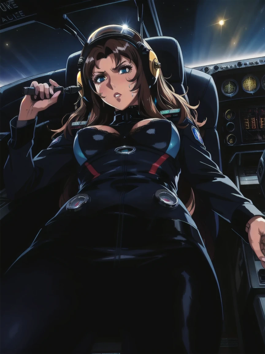 ((gothic vampire piloting in gothic spacecraft)), (((retro anime))), ((from below)), ((120 fov)), ((((gothic control panels)))), ((mature)), (((gothic))), iridescent bodysuit, ((lace accessories)), ((pilot seat)), ((((lying back)) pose)), ((elegant)), (((serious tone))), futuristic, ((cockpit top control panel)), intricate control panel details, 1990s (style), [blushing], sweat, masterpiece, ((claustrophobic)), sparkles, best quality, screens, ((pilot helmet)), ((hands on controls)), night, space, ((cockpit lights))