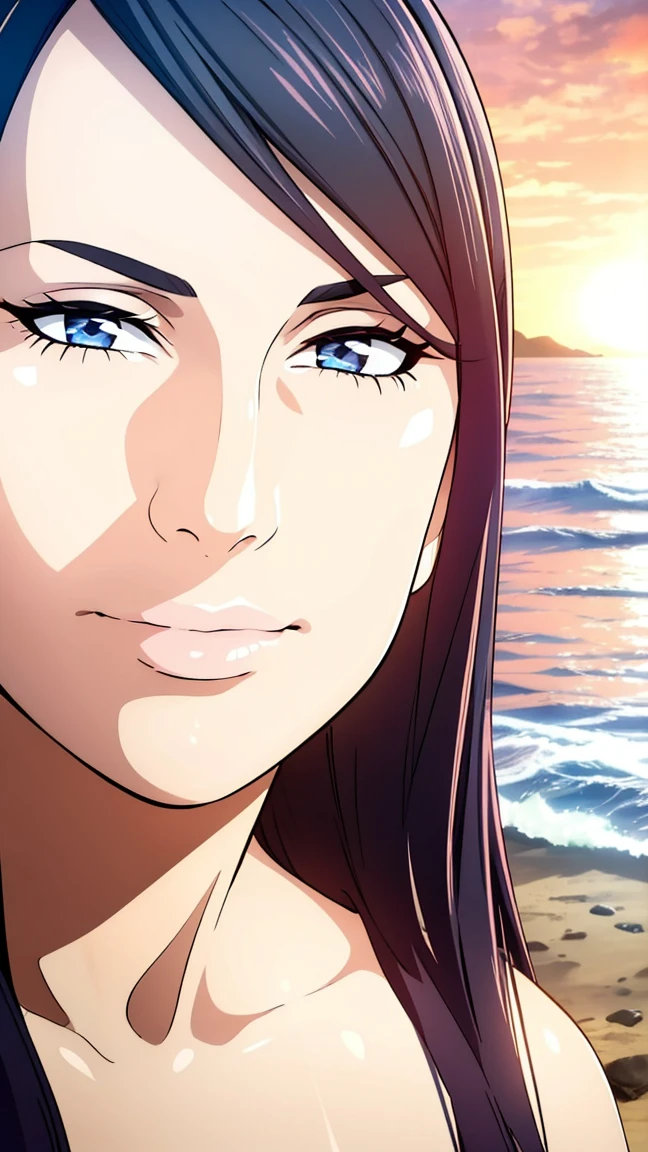 1girl with long black hair, detailed realistic face, beautiful detailed eyes, beautiful detailed lips, extremely detailed face, long eyelashes, woman standing on the beach, ocean waves, golden sunset sky, soft sand, tropical plants, photorealistic, 8k, high resolution, intricate details, cinematic lighting, vibrant colors, dramatic lighting, volumetric lighting, realistic skin textures, realistic clothing textures, hyper detailed, masterpiece