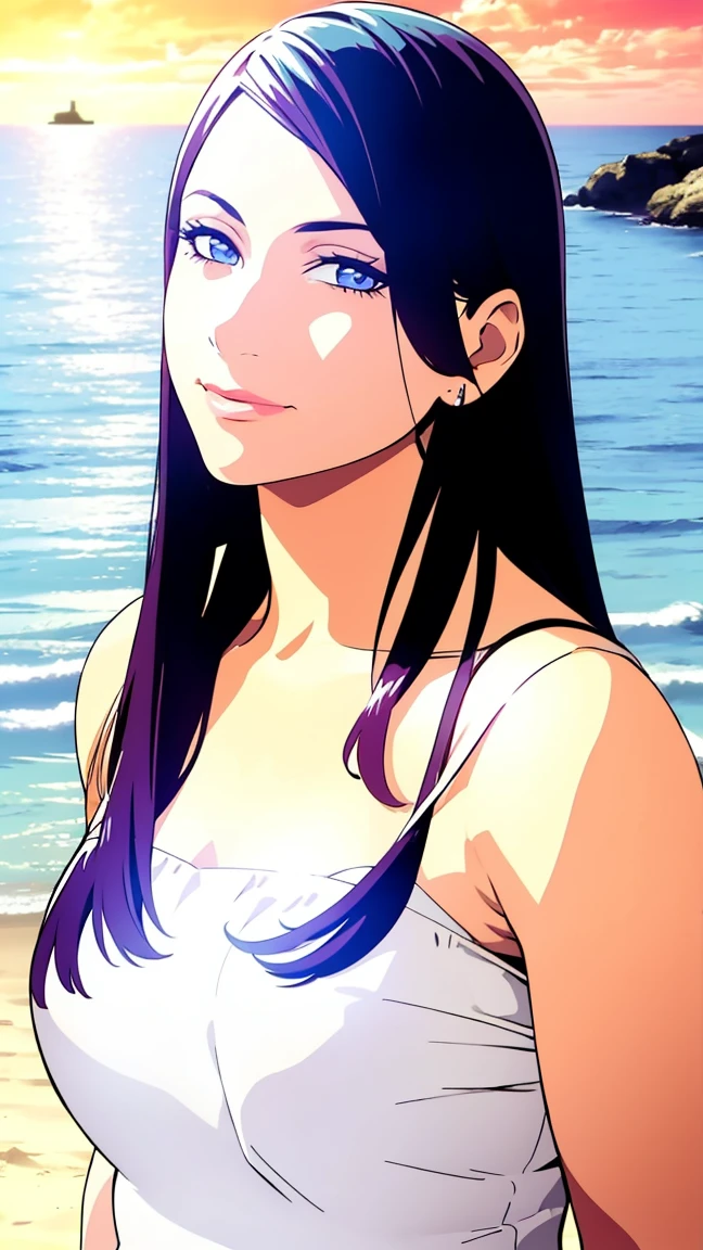 1girl with long black hair, detailed realistic face, beautiful detailed eyes, beautiful detailed lips, extremely detailed face, long eyelashes, woman standing on the beach, ocean waves, golden sunset sky, soft sand, tropical plants, photorealistic, 8k, high resolution, intricate details, cinematic lighting, vibrant colors, dramatic lighting, volumetric lighting, realistic skin textures, realistic clothing textures, hyper detailed, masterpiece