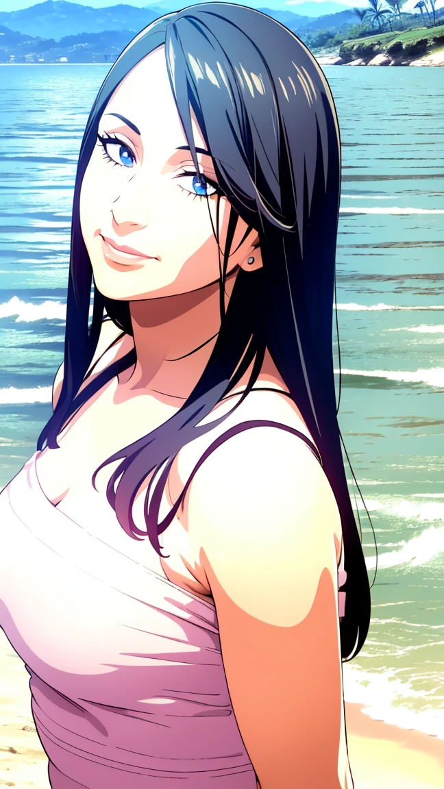 1girl with long black hair, detailed realistic face, beautiful detailed eyes, beautiful detailed lips, extremely detailed face, long eyelashes, woman standing on the beach, ocean waves, golden sunset sky, soft sand, tropical plants, photorealistic, 8k, high resolution, intricate details, cinematic lighting, vibrant colors, dramatic lighting, volumetric lighting, realistic skin textures, realistic clothing textures, hyper detailed, masterpiece