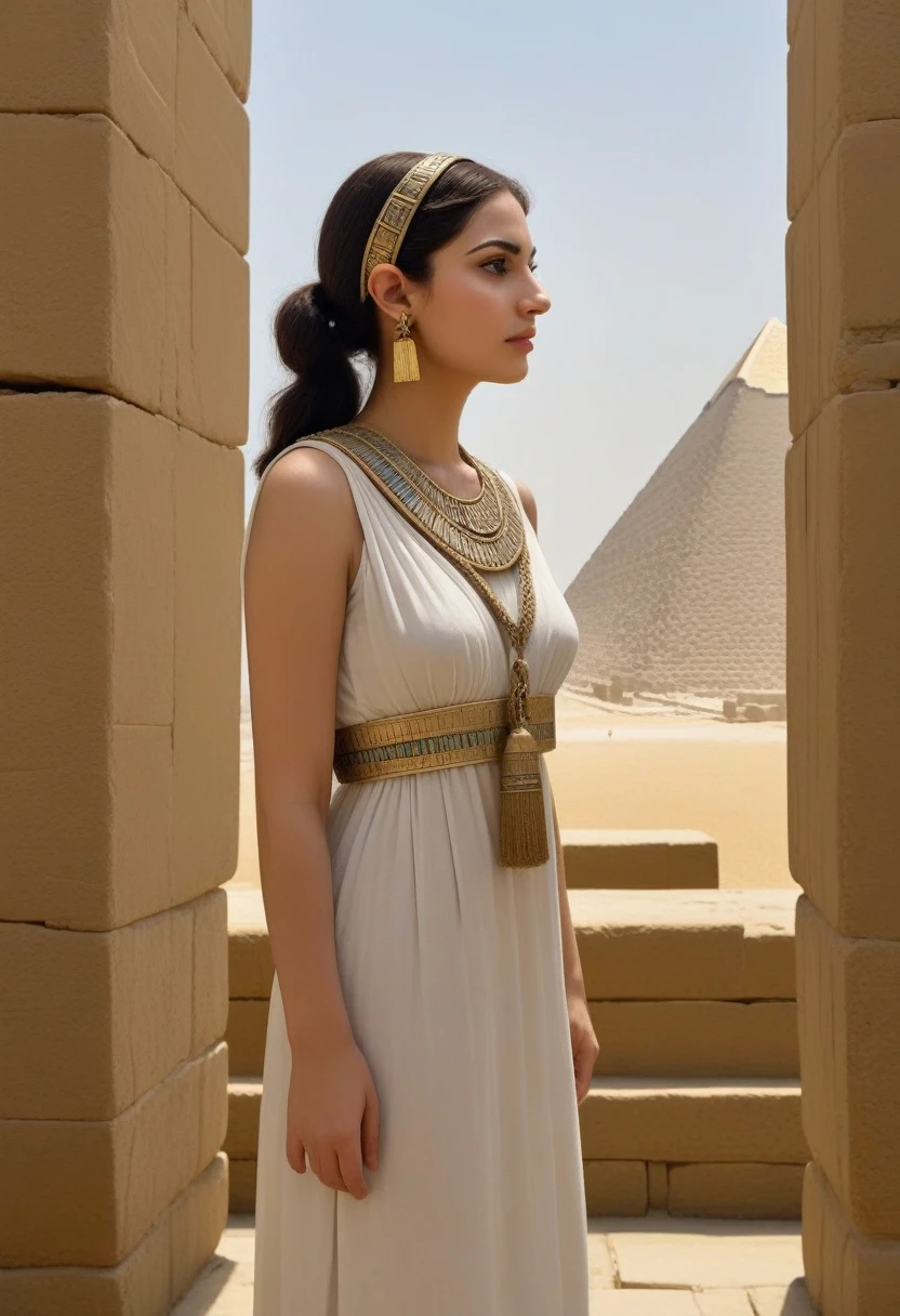 score_10,score_9_up,score_8_up,score_7_up, hadrian, side view, bid breasts, expressionless, looking ahead, with Pyramid of Khufu view, in Egypt, furry cat, egyptian clothes, egyptian mythology, truncheon, staff, woman
