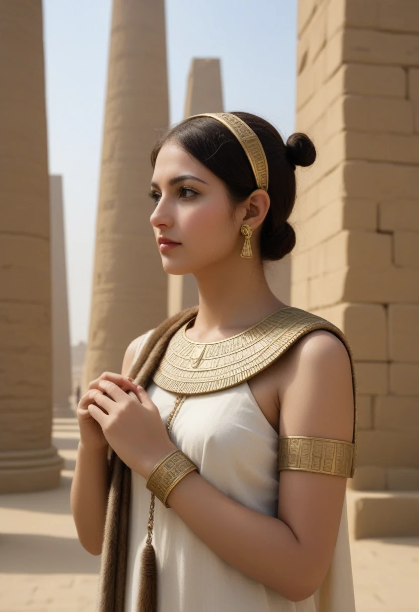 score_10,score_9_up,score_8_up,score_7_up, hadrian, side view, bid breasts, expressionless, looking ahead, with Pyramid of Khufu view, in Egypt, furry cat, egyptian clothes, egyptian mythology, truncheon, staff, woman