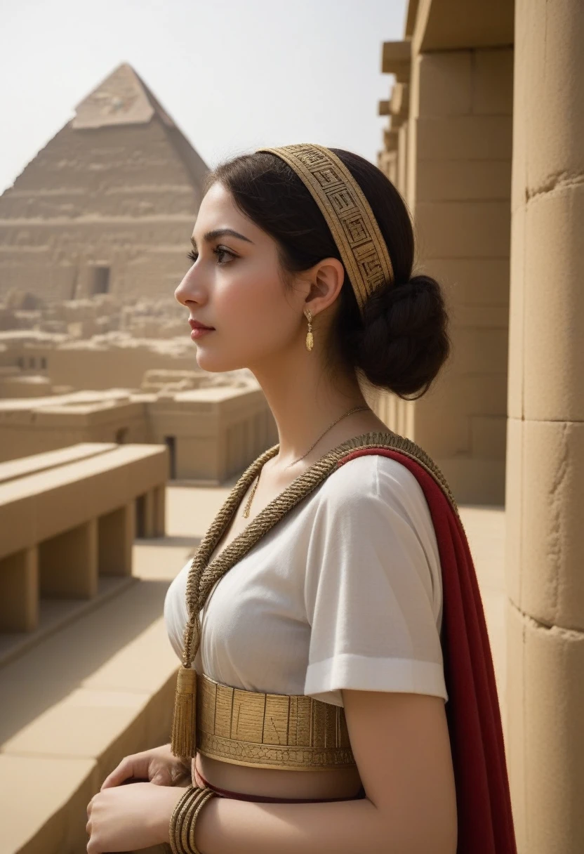 score_10,score_9_up,score_8_up,score_7_up, hadrian, side view, bid breasts, expressionless, looking ahead, with Pyramid of Khufu view, in Egypt, furry cat, egyptian clothes, egyptian mythology, truncheon, staff, woman