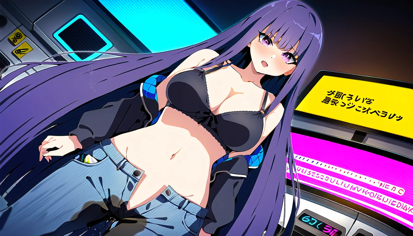 (masterpiece:1.37), best quality, (extremely detailed:1.37), woman, mature, adult, large breasts, very long hair, (straight hair:1.5), dark purple hair, purple eyes, (extremely detailed eyes:1.37), crop top, cleavage, navel, jeans, open fly, (groin:1.25), desperation, (wetting: self 3.0), standing, indoors, interior, futuristic, neon lighting, high-tech, street, store, counter, anime merchandise