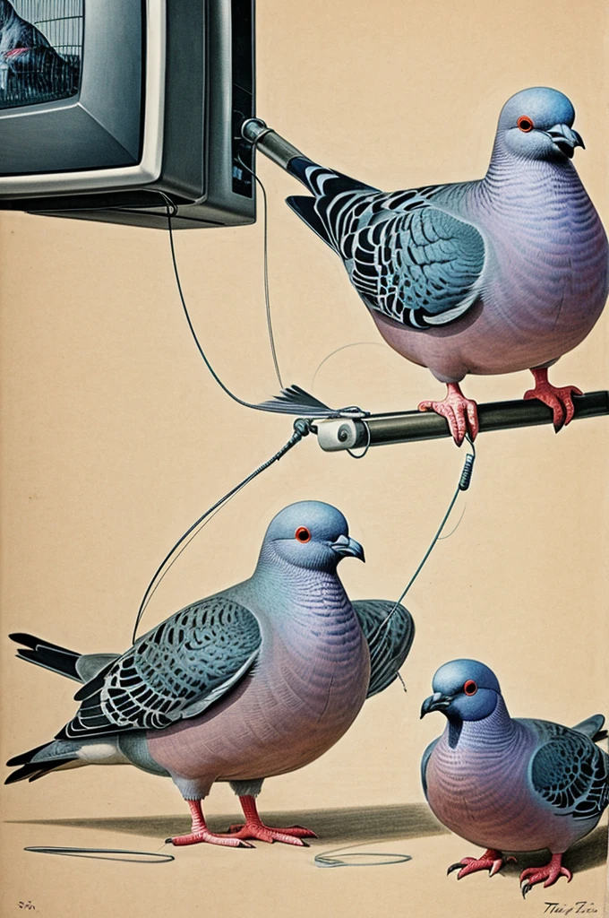 Drawing of Two pigeons tied by the legs with fishing line to a television antenna