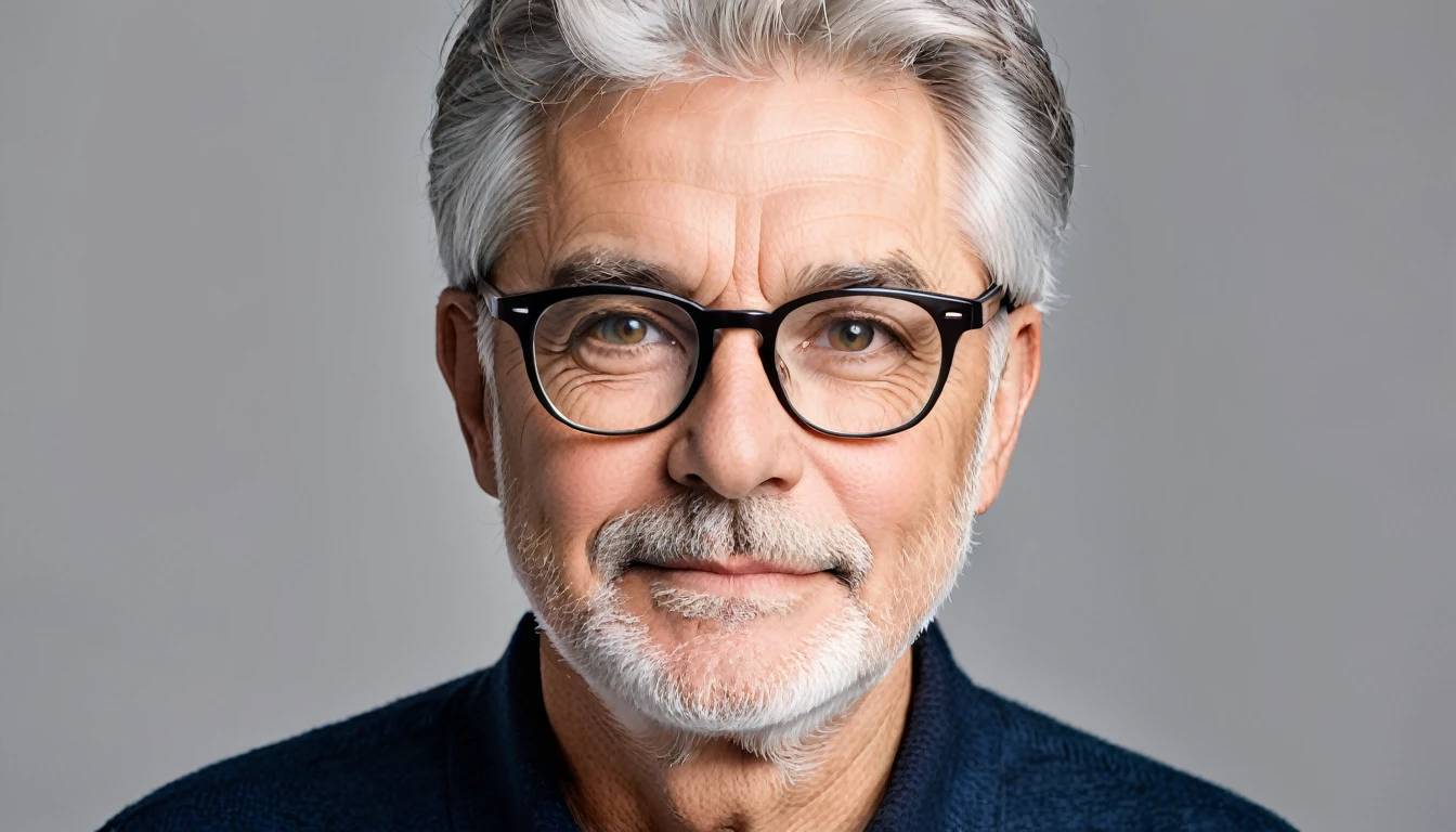 The face of a 60-year-old gray-haired man with glasses
