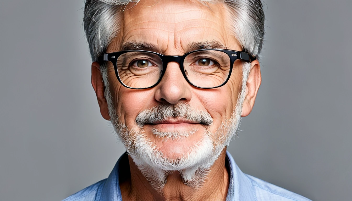 The face of a 60-year-old gray-haired man with glasses