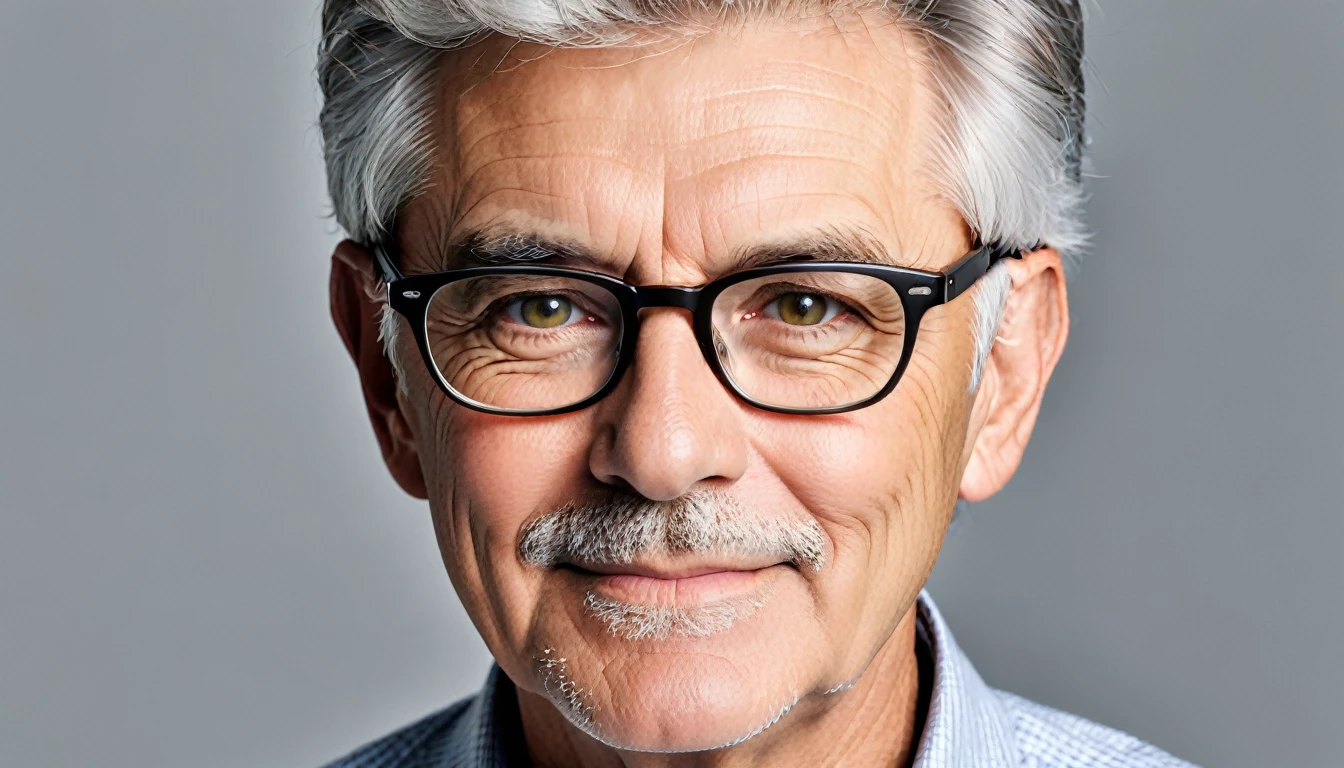 The face of a 60-year-old gray-haired man with glasses