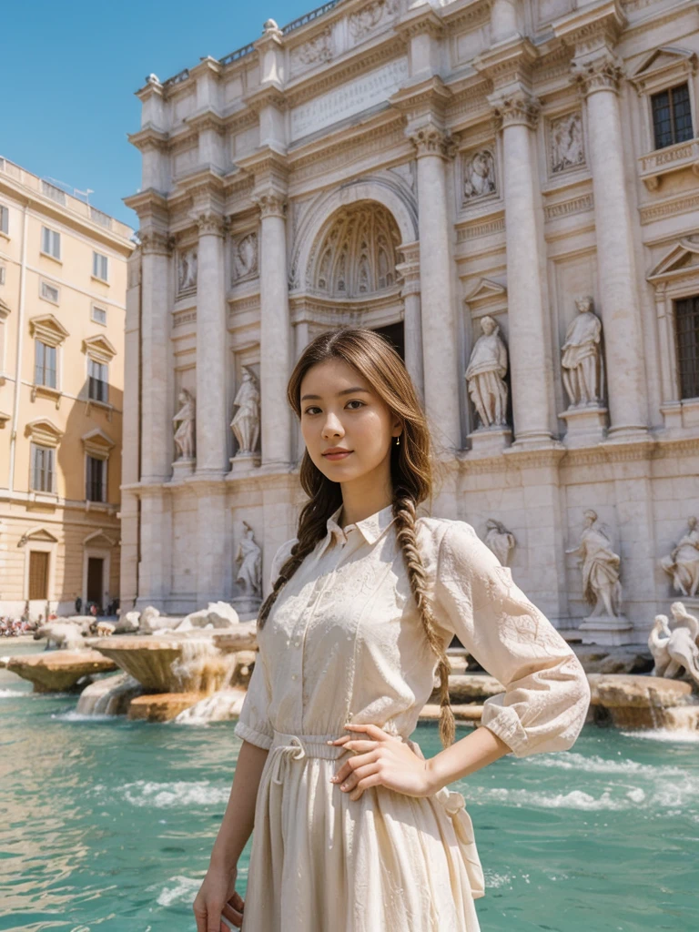 her name is Asako, high quality, 1girl, ((20-year-old fit Caucasian woman)), ((20 years old)), ((slim)), ((Fishtail Braid hair)), pose: standing, wearing unique stylish fashionable Generation-Z modern wear pastel colored, BACKGROUND:"At the Trevi Fountain, with its grand Baroque architecture and the tradition of tossing a coin into the water."