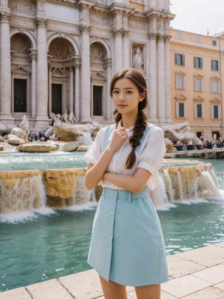 her name is Asako, high quality, 1girl, ((20-year-old fit Caucasian woman)), ((20 years old)), ((slim)), ((Fishtail Braid hair)), pose: standing, wearing unique stylish fashionable Generation-Z modern wear pastel colored, BACKGROUND:"At the Trevi Fountain, with its grand Baroque architecture and the tradition of tossing a coin into the water."