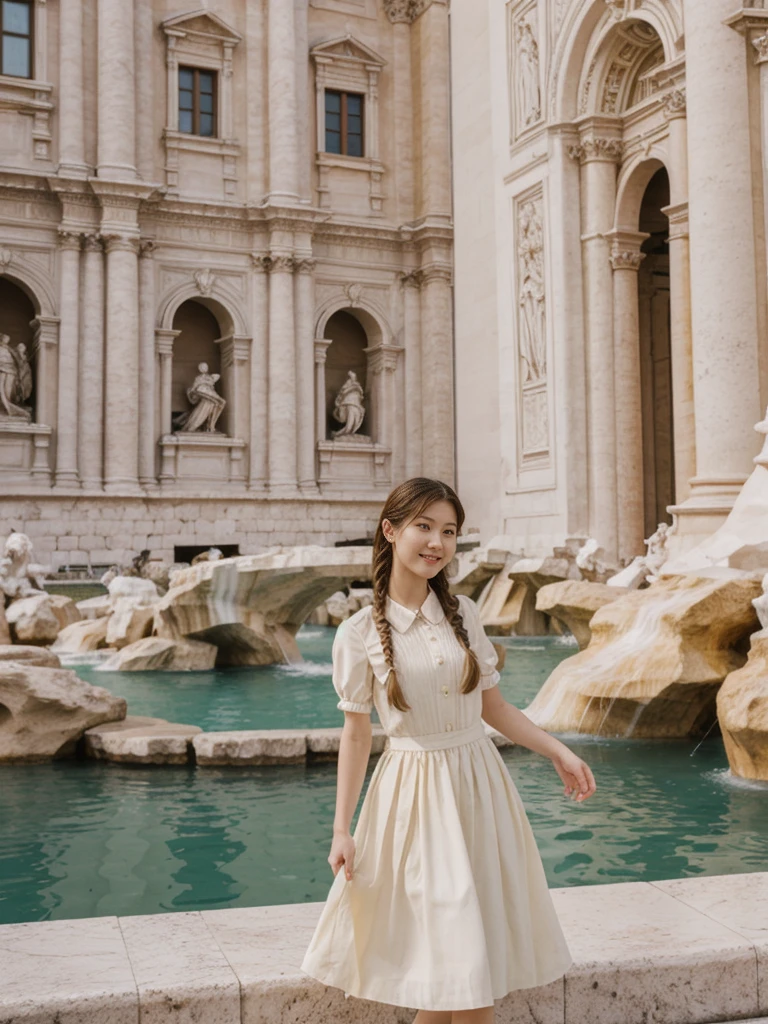 her name is Asako, high quality, 1girl, ((20-year-old fit Caucasian woman)), ((20 years old)), ((slim)), ((Fishtail Braid hair)), pose: standing, wearing unique stylish fashionable Generation-Z modern wear pastel colored, BACKGROUND:"At the Trevi Fountain, with its grand Baroque architecture and the tradition of tossing a coin into the water."