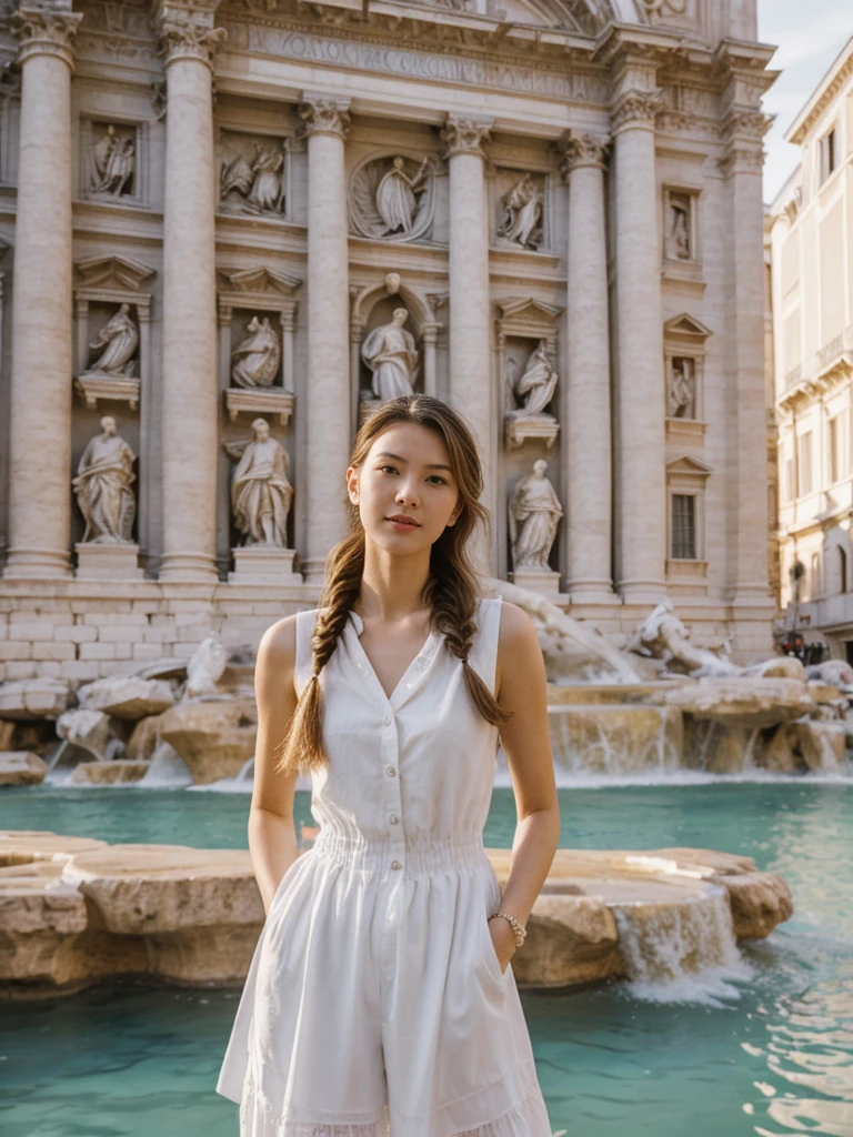 her name is Asako, high quality, 1girl, ((20-year-old fit Caucasian woman)), ((20 years old)), ((slim)), ((Fishtail Braid hair)), pose: standing, wearing unique stylish fashionable Generation-Z modern wear pastel colored, BACKGROUND:"At the Trevi Fountain, with its grand Baroque architecture and the tradition of tossing a coin into the water."