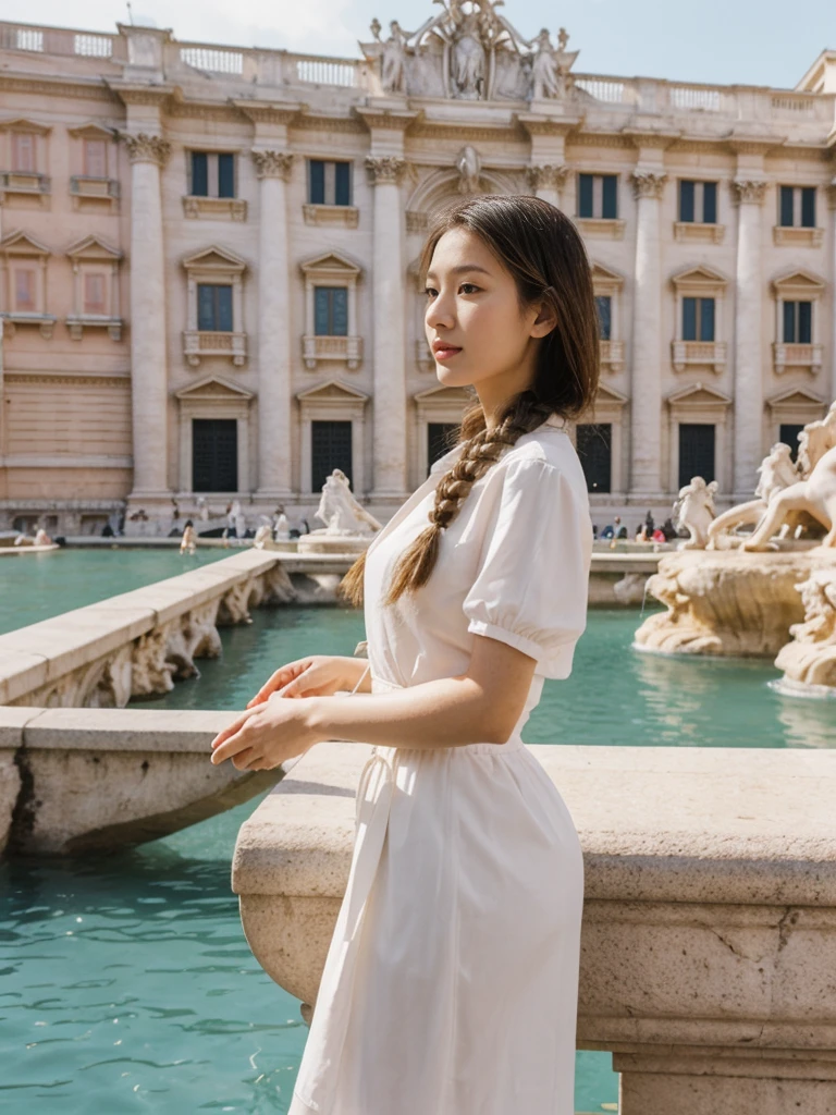 her name is Asako, high quality, 1girl, ((20-year-old fit Caucasian woman)), ((20 years old)), ((slim)), ((Fishtail Braid hair)), pose: standing, wearing unique stylish fashionable Generation-Z modern wear pastel colored, BACKGROUND:"At the Trevi Fountain, with its grand Baroque architecture and the tradition of tossing a coin into the water."