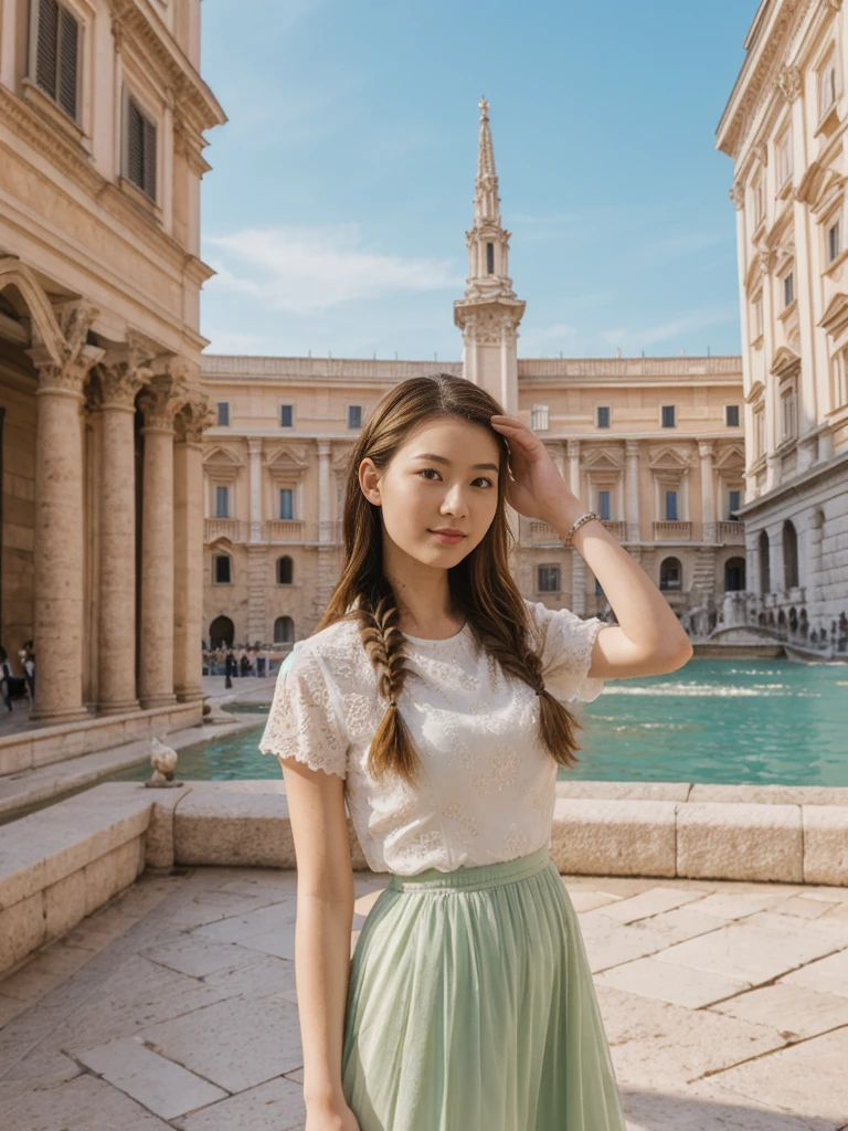 her name is Asako, high quality, 1girl, ((20-year-old fit Caucasian woman)), ((20 years old)), ((slim)), ((Fishtail Braid hair)), pose: standing, wearing unique stylish fashionable Generation-Z modern wear pastel colored, BACKGROUND:"At the Trevi Fountain, with its grand Baroque architecture and the tradition of tossing a coin into the water."