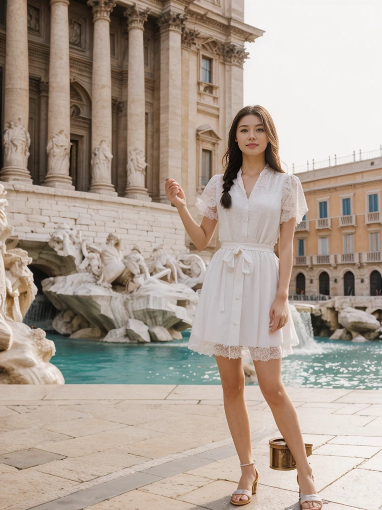 her name is Asako, high quality, 1girl, ((20-year-old fit Caucasian woman)), ((20 years old)), ((slim)), ((Fishtail Braid hair)), pose: standing, wearing unique stylish fashionable Generation-Z modern wear pastel colored, BACKGROUND:"At the Trevi Fountain, with its grand Baroque architecture and the tradition of tossing a coin into the water."