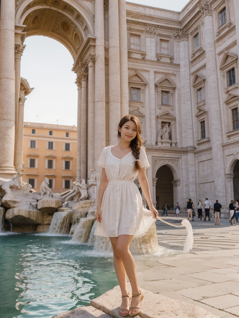 her name is Asako, high quality, 1girl, ((20-year-old fit Caucasian woman)), ((20 years old)), ((slim)), ((Fishtail Braid hair)), pose: standing, wearing unique stylish fashionable Generation-Z modern wear pastel colored, BACKGROUND:"At the Trevi Fountain, with its grand Baroque architecture and the tradition of tossing a coin into the water."