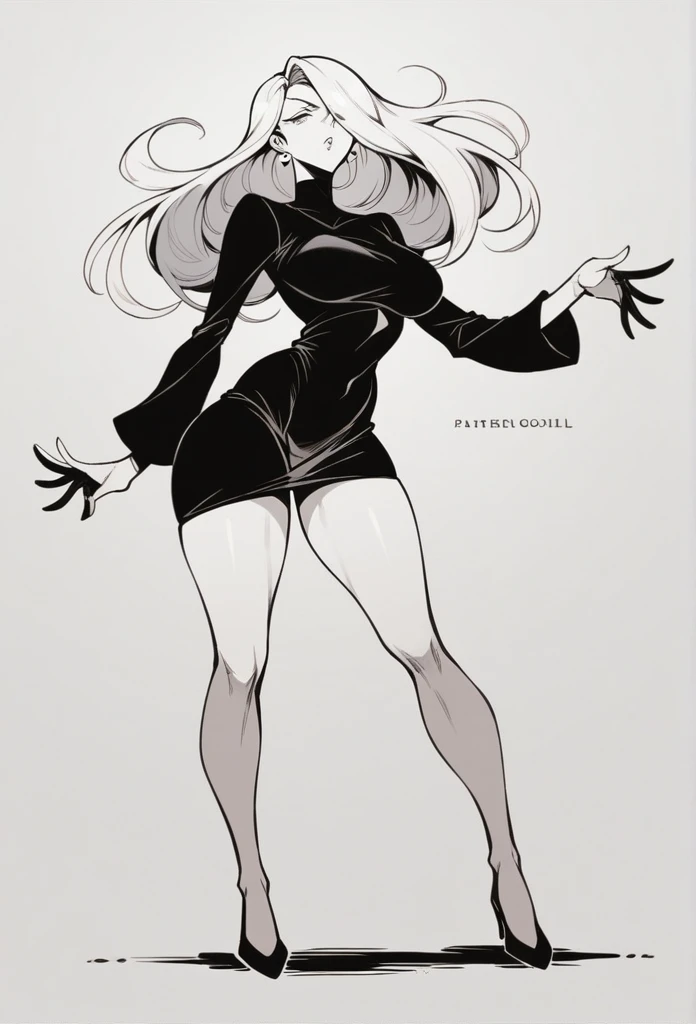 Parasoul, mature woman, long legs,sexy ,exaggeratedly short dress ,long sleeves, ultra black dress ,semi-exposed thighs ,(hips:3,9)
