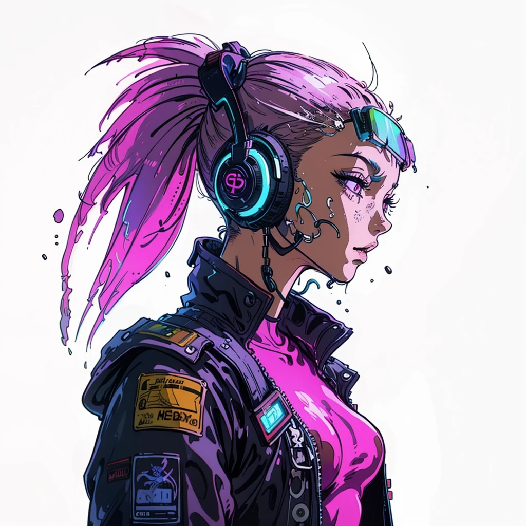 a close up of a person with headphones on wearing a jacket, glitchpunk girl, cyberpunk style color, cyberpunk artstyle, cyberpunk vibrant colors, neonpunk, cyberpunk art style, female cyberpunk anime girl, digital cyberpunk anime art, bright cyberpunk glow, cyberpunk character art, cyberpunk flowerpunk, cyberpunk character, cyberpunk themed art, in cyberpunk style