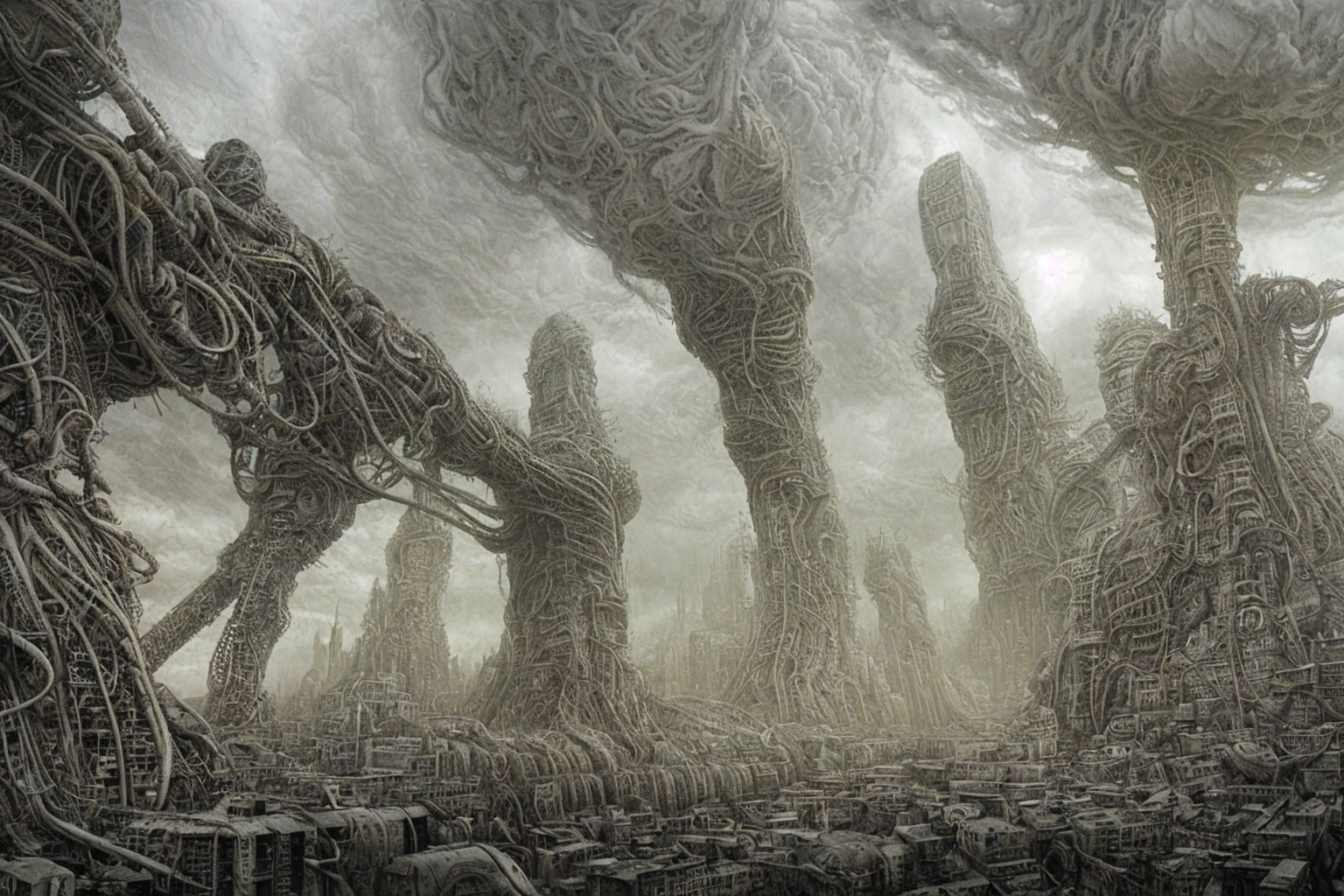 city of merging organic forms, creeping cables and pipes , in style of Dan Seagrave, H. R. Giger, Zdzisław Beksiński with cinematic lighting, background cloud storm inspired by jeffrey smith
