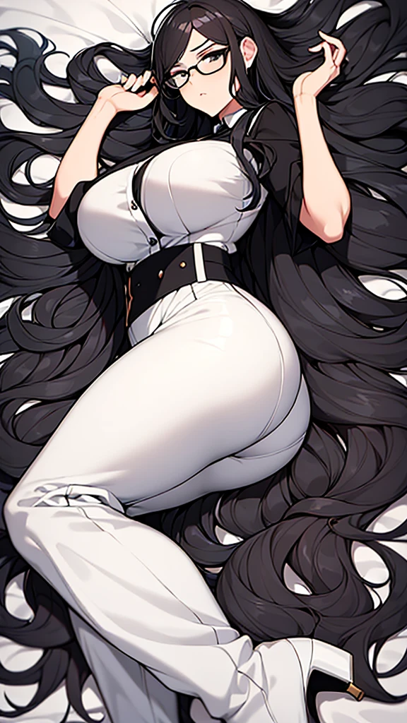 1woman, long wavy black hair, make-up, black eyes, glasses, serious face, white blouse, black pants, black heels, big breasts, big ass, bed room background