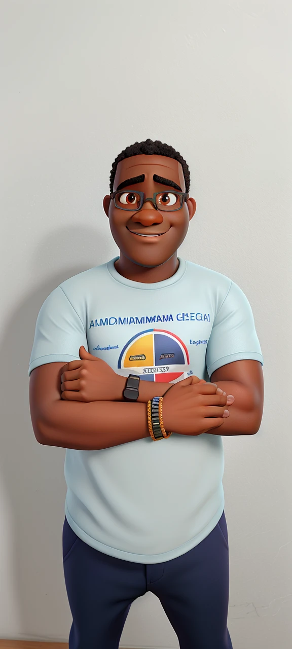 Mozambican man, dark-skinned, Pixar-style, High definition, best quality. Eyeglasses, plumpness, paunchy