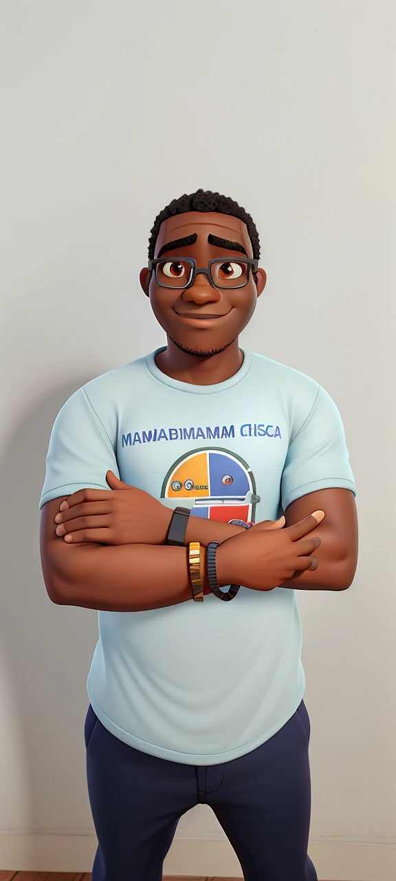 Mozambican man, dark-skinned, Pixar-style, High definition, best quality. Eyeglasses, plumpness, paunchy