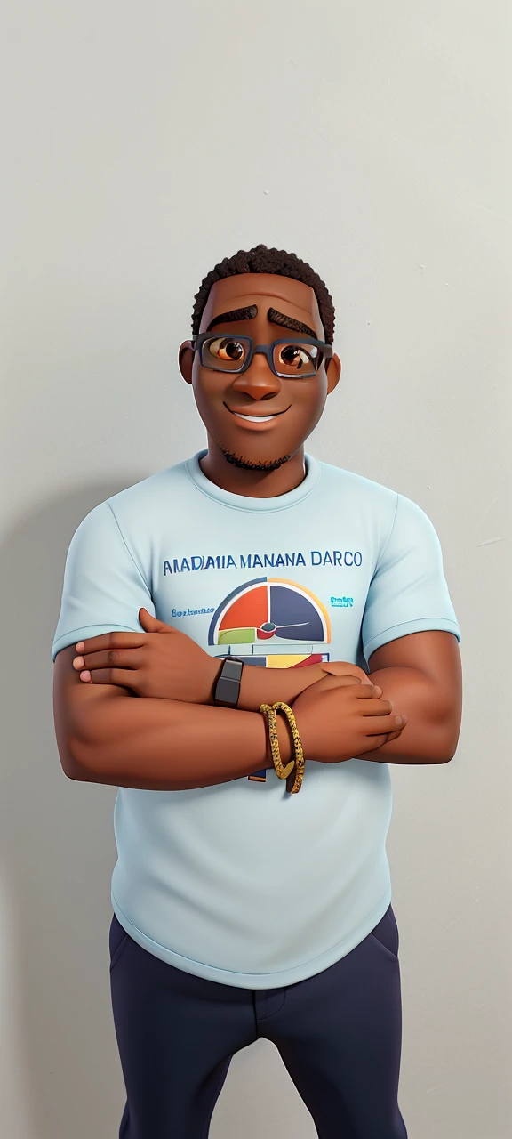 Mozambican man, dark-skinned, Pixar-style, High definition, best quality. Eyeglasses, plumpness, paunchy