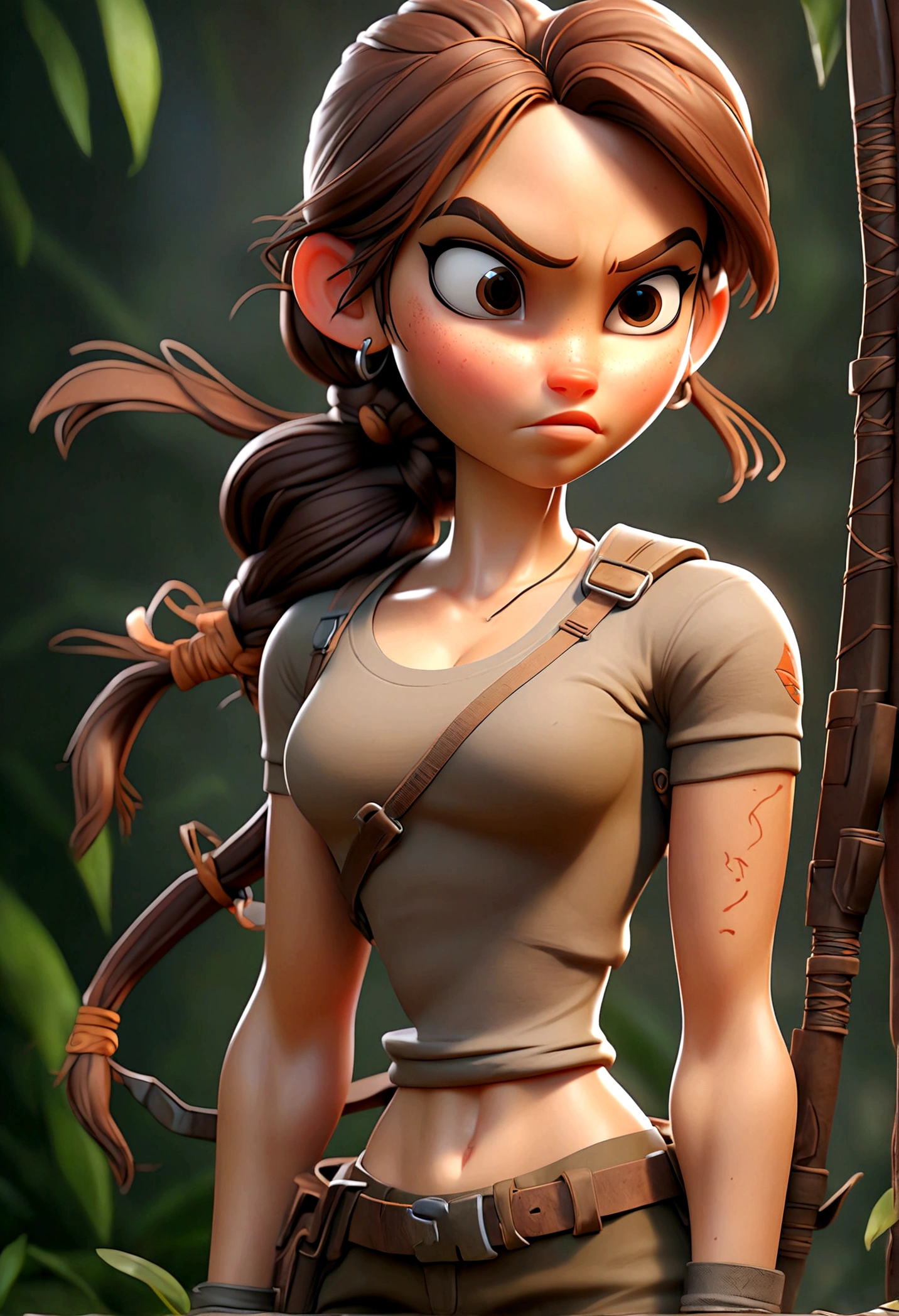 (Best quality, high resolution: 1.2), Ultra-detailed, (Realistic: 1.37) brunette, médium brown hair, brown eyes big chest, 18 years, full body, tomb raider outfit full body full body picture