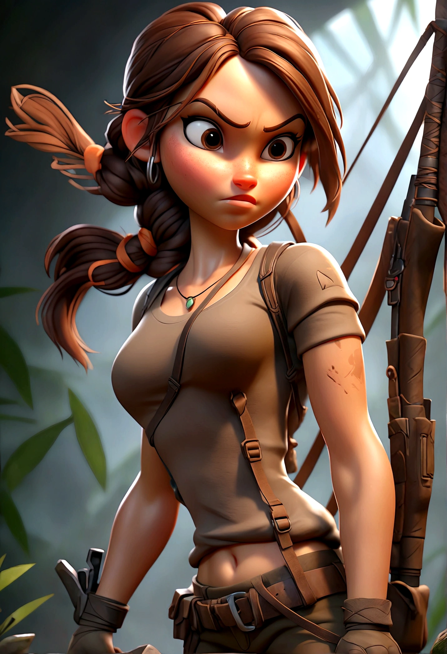 (Best quality, high resolution: 1.2), Ultra-detailed, (Realistic: 1.37) brunette, médium brown hair, brown eyes big chest, 18 years, full body, tomb raider outfit full body full body picture