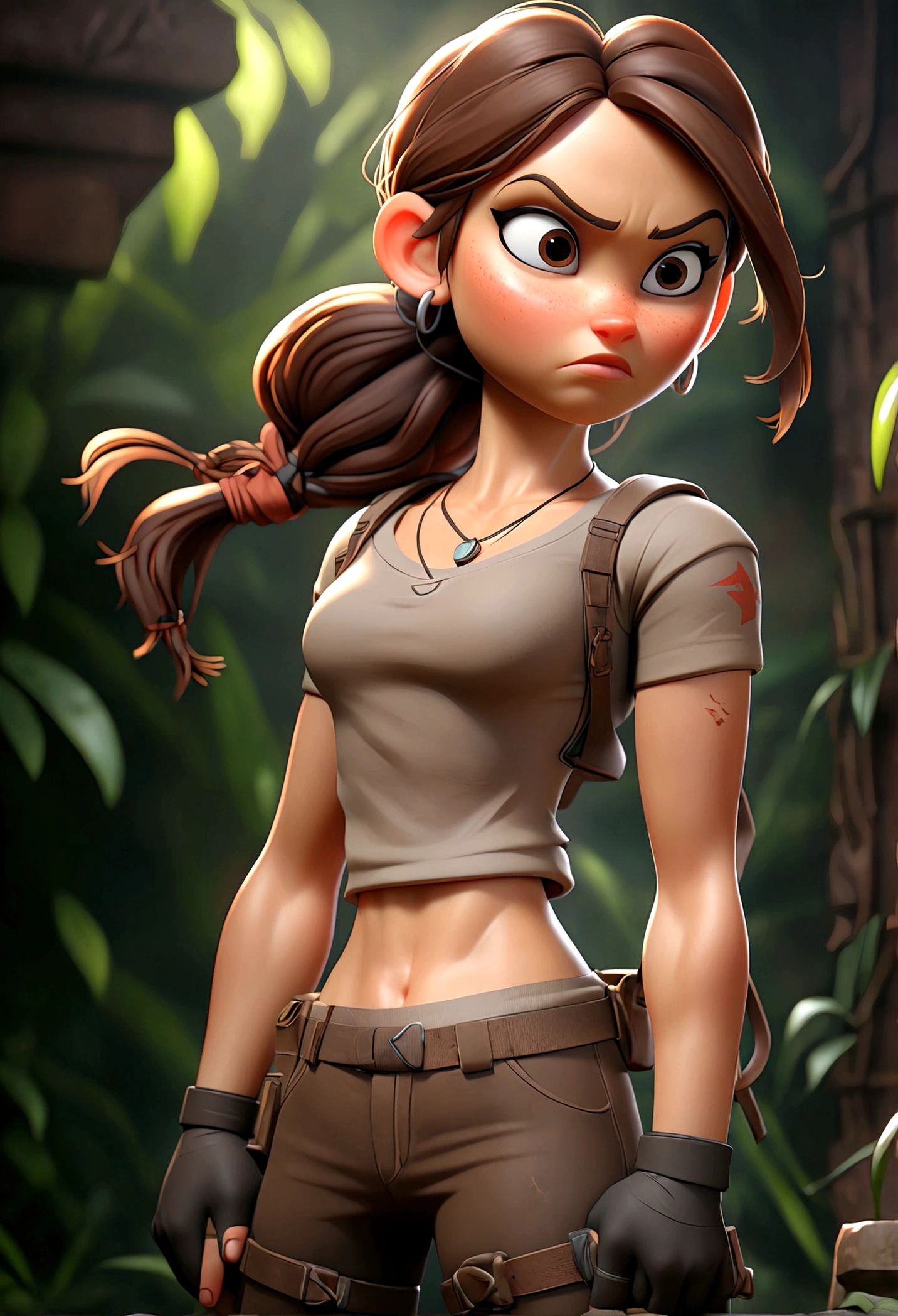 (Best quality, high resolution: 1.2), Ultra-detailed, (Realistic: 1.37) brunette, médium brown hair, brown eyes big chest, 18 years, full body, tomb raider outfit full body full body picture